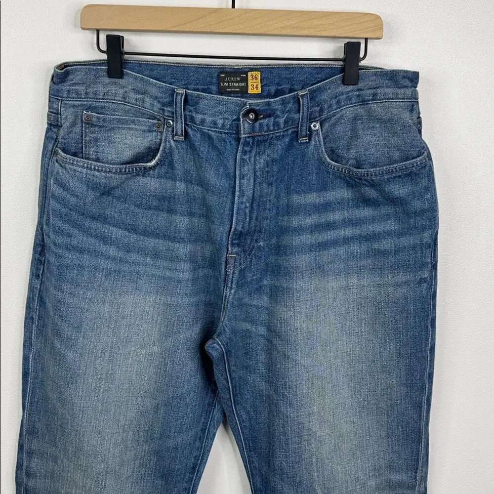 J. Crew Men's Slim Straight Blue Jeans Size 36x34 Medium Wash Denim Cotton